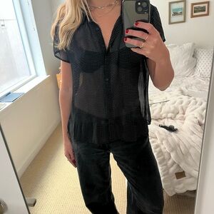 Sheer Black Short-Sleeve Button Front Top